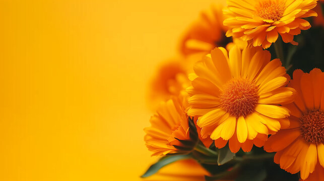 Fresh Spring flowers vivid colors on a orange-yellow background. Romantic bouquet of Calendula flowers. Spring background.