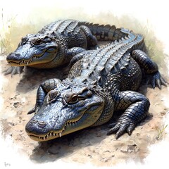 Obraz premium Crocodiles Sunbathing On Floor, White Background, Illustrations Images