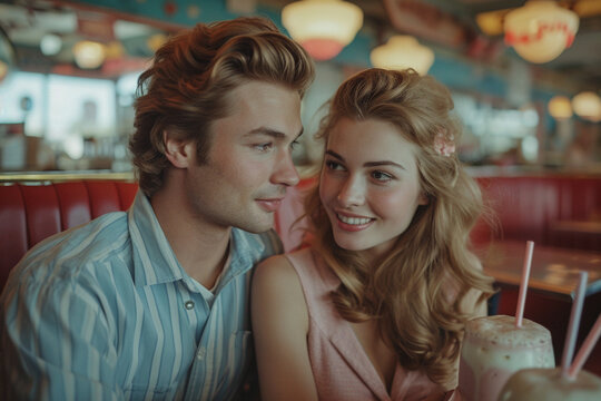 Cute Couple Drinking Shake In American Diner Of 1950s Years, Vintage Style