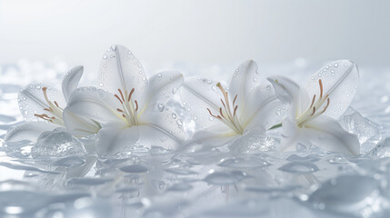 Elegant and gentle pure white lilies lying on a reflective watery surface. Tranquil elegance: White lilies and soft reflections. Gentle spring background.