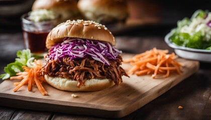 A heap of tender pulled pork, smothered in barbecue sauce and served on a soft bun