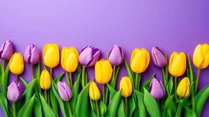 Flat lay of rich purple and bright yellow tulips on a purple background. Colorful Harmony of Tulips. Spring background. Vibrant Floral Display.