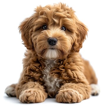 Cute Red Abricot Australian Cobberdog Labradoodle, White Background, Illustrations Images