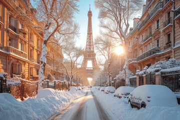 Beautiful typical Parisian street covered in snow in France. Sunny cold day on winter time.