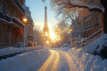 Beautiful typical Parisian street covered in snow in France. Sunny cold day on winter time.