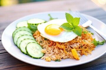 plate of nasi goreng with fried egg on top, garnished with cucumber slices