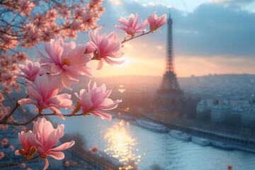 Typical Parisian postcard view of pink magnolia flowers in full bloom on a backdrop of French cityscape. Early spring in Paris, France.