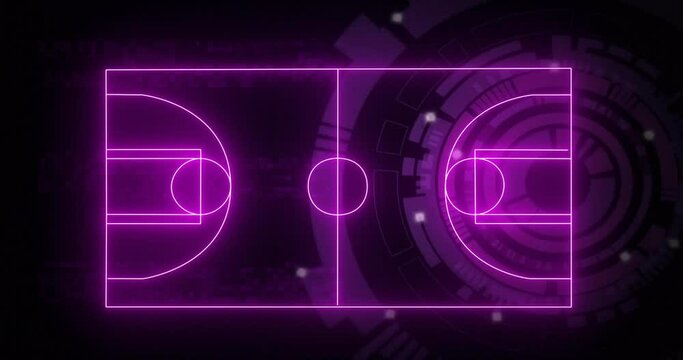 Animation of neon sports stadium over scope scanning and moving columns on black background