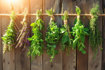 Hanging bunches of medicinal herbs and flowers on a wooden background. Herbal medicine.