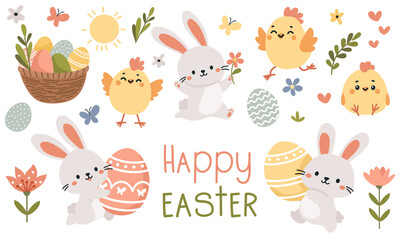 Set of flat vector illustrations for Easter day. Cute Easter bunnies, chickens, egg basket, Easter eggs, flowers and butterflies. Happy Easter inscription . Vector illustration © Alena
