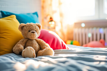 Cute teddy bear sitting on a bed in child's room. Soft stuffed animal surrounded with colorful pillows in children's cozy space. - obrazy, fototapety, plakaty