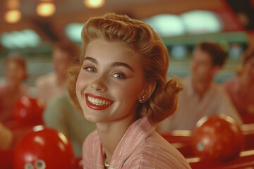 Fototapeta premium Portrait of smiling young woman in american diner cafe of 1950s years
