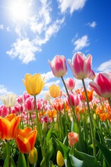 A meadow full of tulips, sun is shining on it, Front view, large blue sky takes a lot of space Generative AI