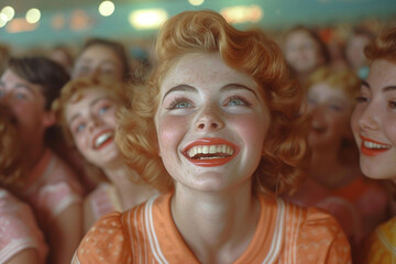 Portrait of smiling young woman in american diner cafe of 1950s years - obrazy, fototapety, plakaty