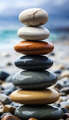 Fototapeta na wymiar Stones balanced on the beach. zen, meditation, sea