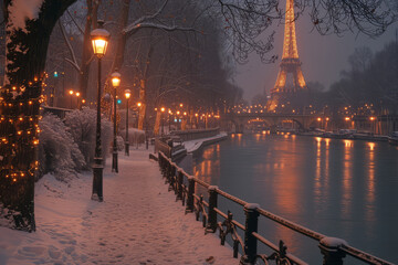 Beautiful typical Parisian street covered in snow at night. Sunny cold day on winter time.