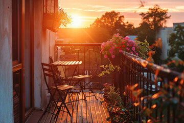 Cozy balcony or small terrace with simple folding furniture, blossoming plants in flower pots and light bulbs. Charming sunny evening in summer city. - Powered by Adobe