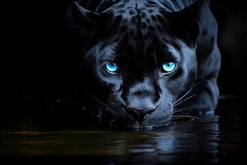 A panther drinks water at dusk