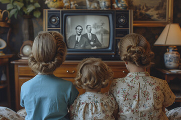 Children dressed in vintage 1950s clothes watching old black and white television at home in retro interior - obrazy, fototapety, plakaty