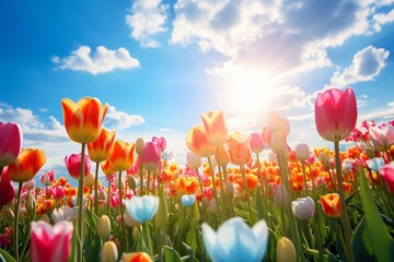 A meadow full of tulips, sun is shining on it, Front view, large blue sky takes a lot of space Generative AI