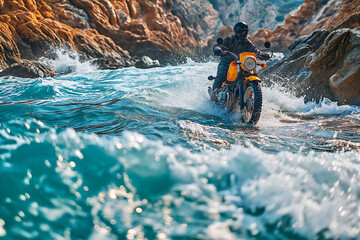 Yellow Off-Road Motorcycle Riding Through Sunlit, Rushing, Gurgling, and Foaming River