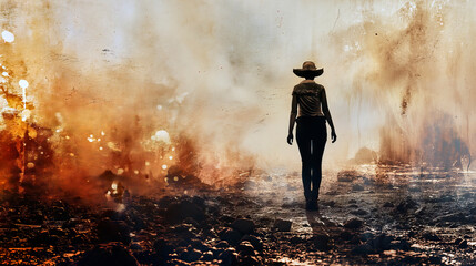 Obraz premium Abstract Surreal Image Featuring the Dark Rear View of a Woman in Wide-Brimmed Hat Against a Stained Wall on Stony Dirty Ground