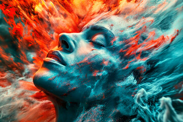 Abstract Portrait of Woman with Blue Skin and Closed Eyes Amid Dynamic Streaks in Blue and Orange