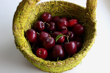 Wicker Basket With Ripe Red Plums Top View Stock Photo 