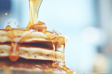 close-up of a syrup stream hitting the pancakes