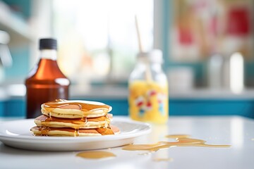 syrup bottle with pancakes in the background