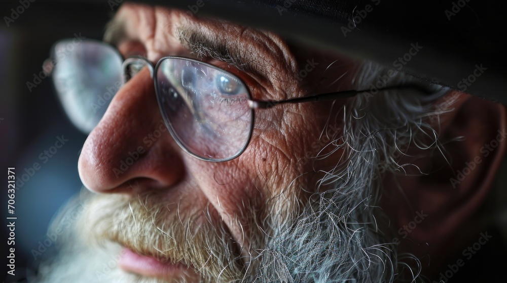 Poster a close-up photograph of a man wearing glasses and a hat. this image can be used for various purpose