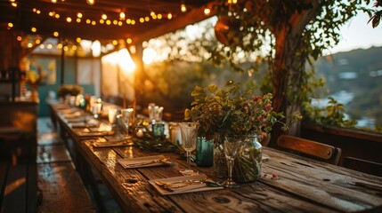 Fototapeta premium Beautiful outdoor dining setup during sunset with glowing lights and natural decor in a serene location