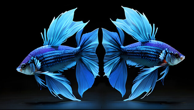 Blue halfmoon betta fish Generative AI, two blue fish painting on both oposite side face on black background, flower, nature, blue, iris, plant, garden, purple, spring, flowers, blossom, bloom, flora
