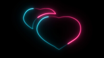 Neon Valentines Day Symbol and glowing love icon. Modern  3d heart shape on black background. Romantic silhouette, love target, passion , sign, victor, illustration.