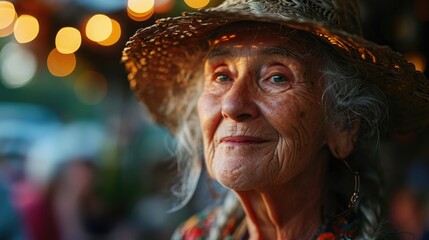 Fototapeta premium Elderly woman with a warm smile enjoys a festive gathering under twinkling lights during a summer evening celebration