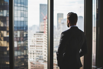 Business man in suit in office looking at modern city with skyscrapers through panoramic window - obrazy, fototapety, plakaty