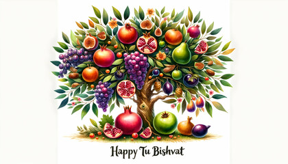 Happy tu bishvat card with tree and fruits.