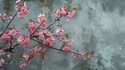 cherry blossom in front old weathered gray wall