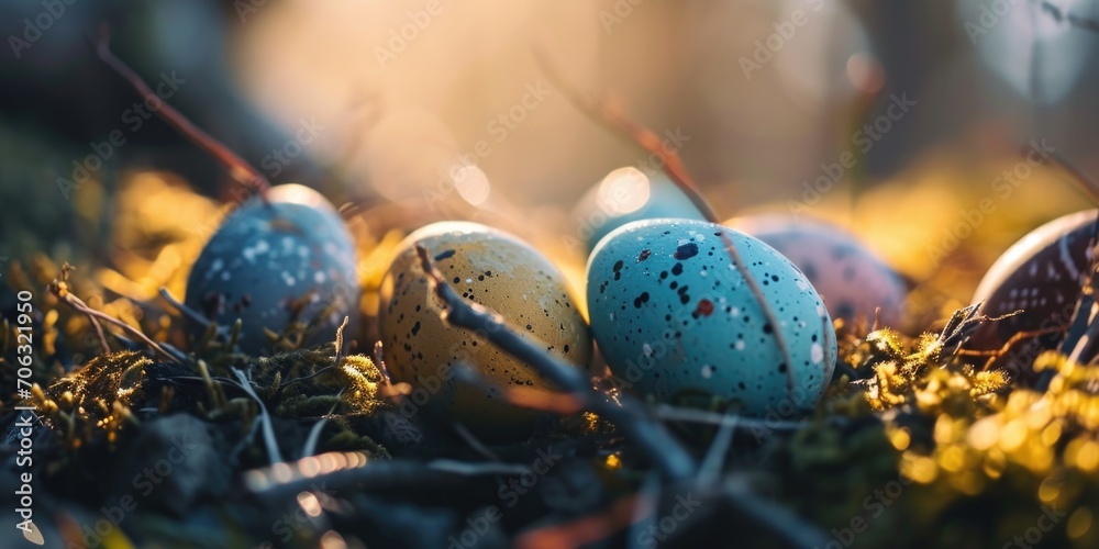Poster A group of eggs sitting on top of a lush green field. Suitable for various concepts and themes