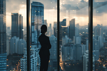 Business woman in suit in office looking at modern city with skyscrapers through panoramic window, sunset - obrazy, fototapety, plakaty