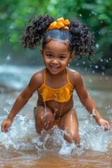 African American girl with curly pigtails tied by vibrantribbons. She showcases big bright eyes and pure happiness asshe dances in the rain.