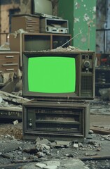 a retro crt TV set with a green screen inside an abandoned room full of debris