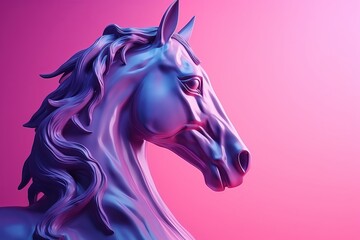 a close up of a statue of a horse, retro pink style, background is purple, with gradients, abstract
