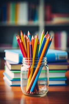 A glass with colorful pencils standing on the desk next to few books and book shelf