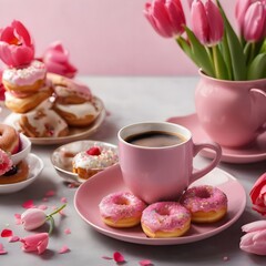  valentine's day birthday  cup of coffee with tulips Festive breakfast Flowers and donuts closeup Delicious breakfast of pink icing donuts coffee cup 