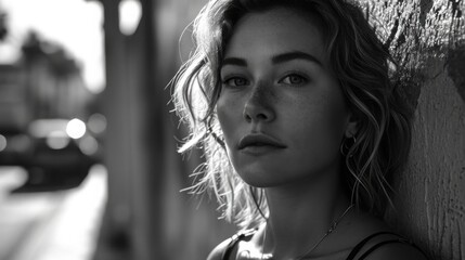 Portrait of a young woman outdoors in black and white at sunset with soft lighting and an urban backdrop
