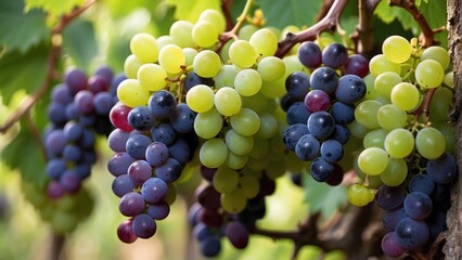 fresh black and green grapes on the grapes tree branch in the grapes field with sunlight background photo 