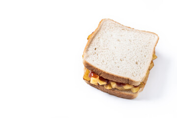 Traditional British chip butty (french fry sandwich) isolated on white background. Copy space