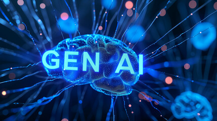 Gen AI / generative AI text and background with neural network and digital brain. Concept of deep learning. 