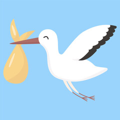 Vector cartoon cute white stork carrying baby. Delivery newborn baby illustration.